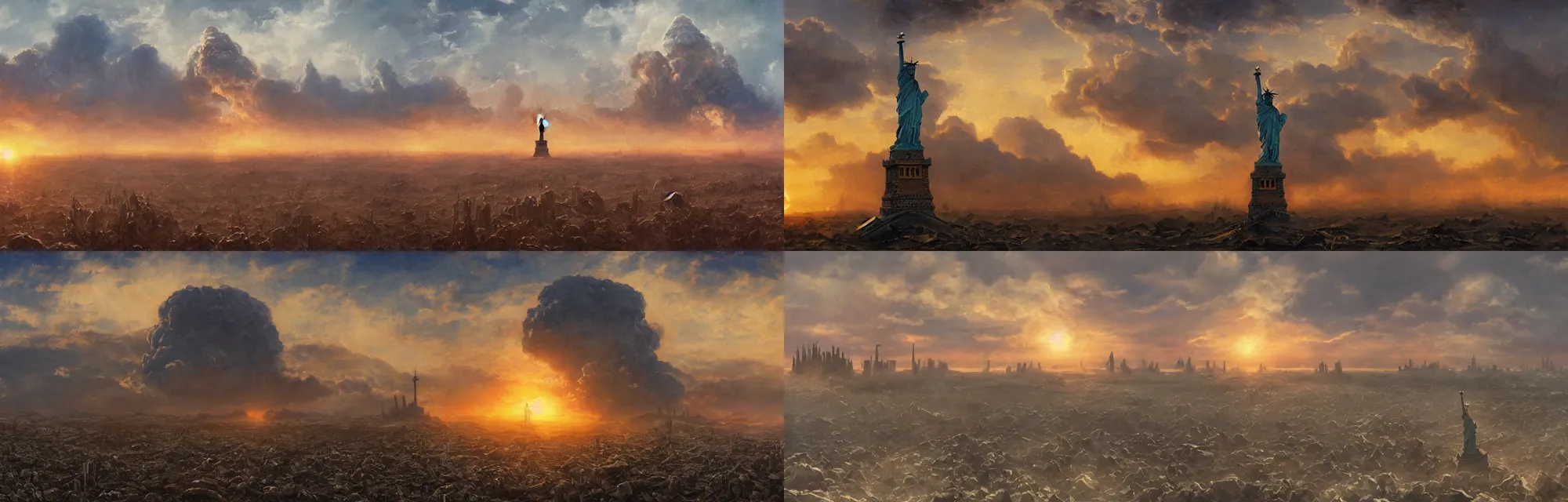 Prompt: broken statue of liberty in the middle , giant atomic nuclear war explosion cloud on neptune graveyard wasteland with fog during moody sunset , panoramic cinematic very sharp oil painting by frazetta