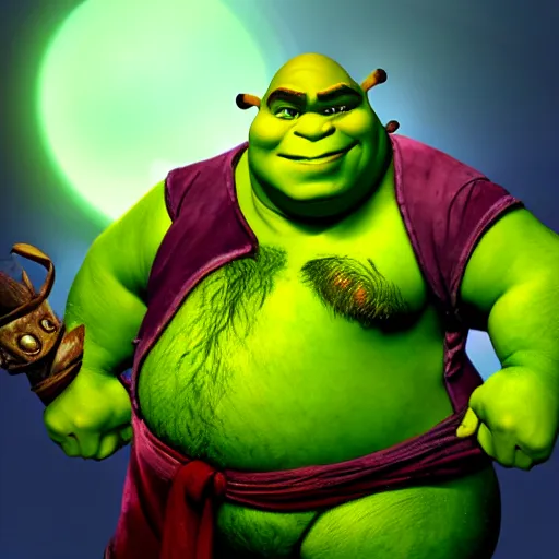 Image similar to shrek as pudge from dota 2 casting hook ability, hyper realistic, 8 k