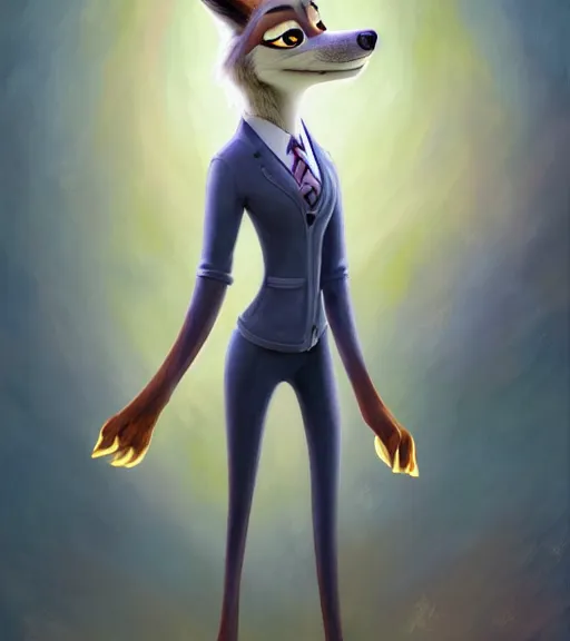 Image similar to oil painting of detailed full body of anthromorphic female wolf, in style of zootopia, zootopia, zootopia, fursona, furry, furaffinity, 4 k, deviantart, furry art, fursona art, wearing black business suit, business suit, in style of zootopia, wolf fursona, cyberpunk, female, expressive detailed feminine face,