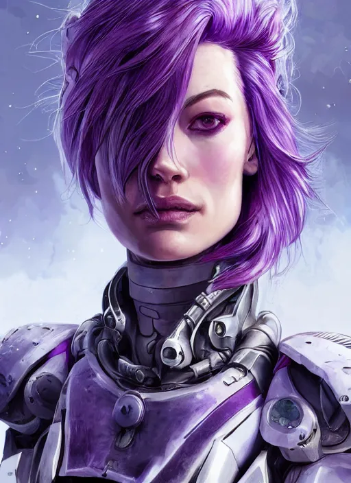 Image similar to close up portrait of a pale olivia wilde in sci - fi power armor with purple hair, powerful, domineering, stoic, masterful, intense, ultrafine hyperdetailed illustration by kim jung gi, irakli nadar, intricate linework, sharp focus, octopath traveler, yoji shinkawa, highly rendered, detailed, concept art