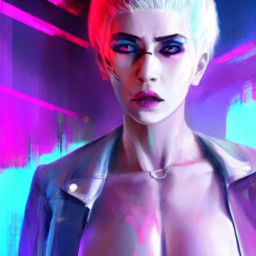 Prompt: A colourful neon filled full body painting of a female gang leader with white hair in a intimidating pose by Wlop and ZeD, Cyberpunk, handsome face, bomber jacket, white hair, golden eyes, trending on artstation, pixiv, 4k, HDR, unreal engine
