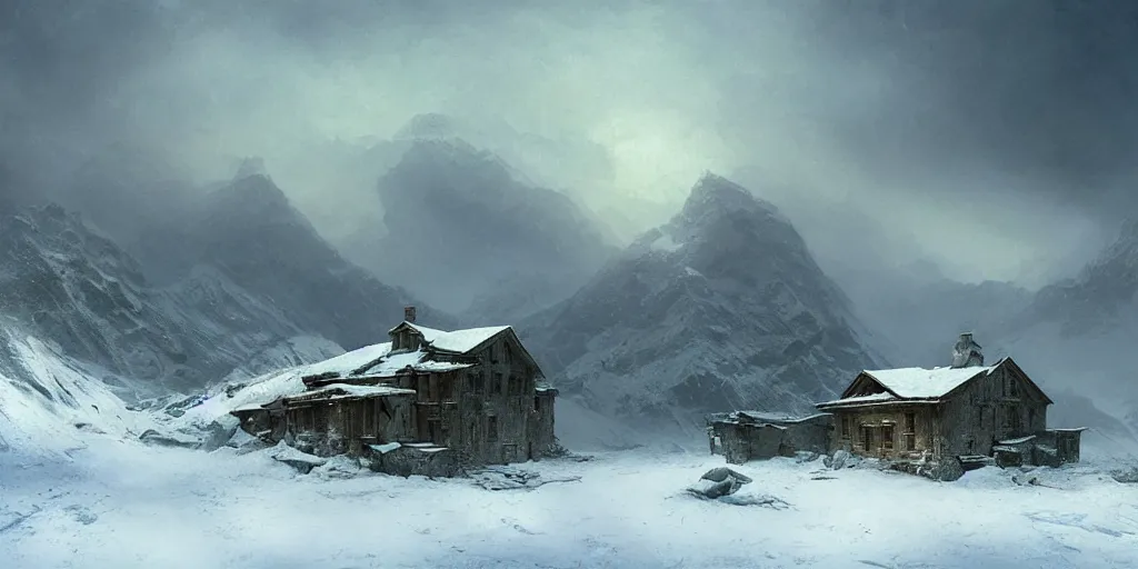 Image similar to 2 0 6 5 abandoned old base in a snowy mountains, landscale, concept art, illustration, highly detailed, artwork, hyper realistic, in style of ivan aivazovsky