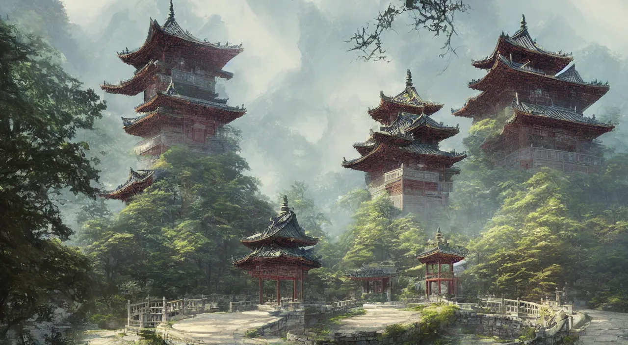 Prompt: a beautiful painting of a singular ancient Chinese castle, with a garden, by greg rutkowski and thomas kinkade, trending on artstation