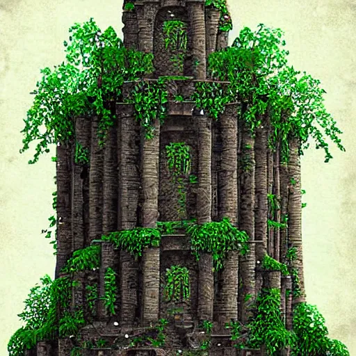 Image similar to ruined tower covered in creepers, beautiful, intricate, detailed, digital art