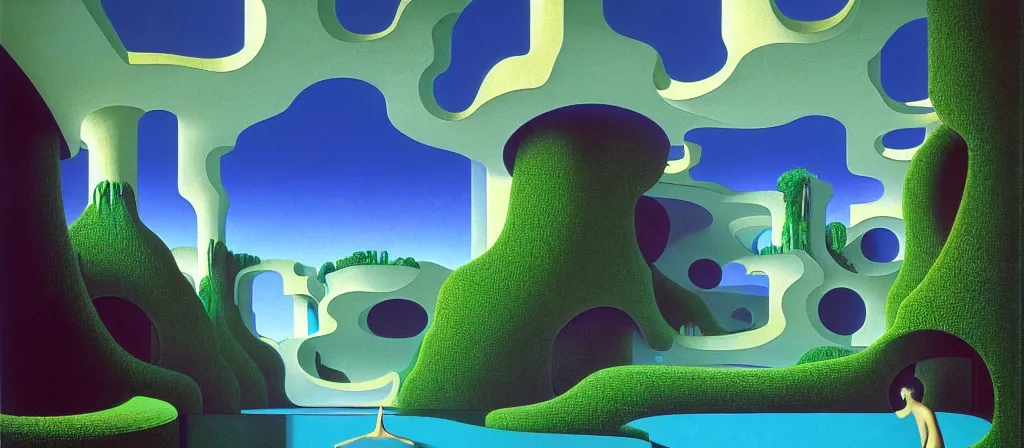 Prompt: huge gargantuan angular dimension of infinite poolroom liminal spaces, buildings by escher and ricardo bofill. utopian landscape by roger dean. magical realism, surrealism, waterfalls, clouds, mallsoft, vaporwave, trending on artstation, shot from below, epic scale