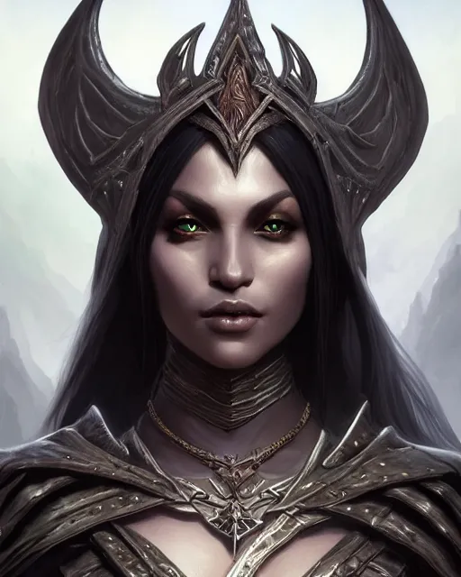 Prompt: dark elf queen, highly detailed, d & d, fantasy, highly detailed, digital painting, trending on artstation, concept art, sharp focus, illustration, global illumination, shaded, art by artgerm and greg rutkowski and fuji choko and viktoria gavrilenko and hoang lap