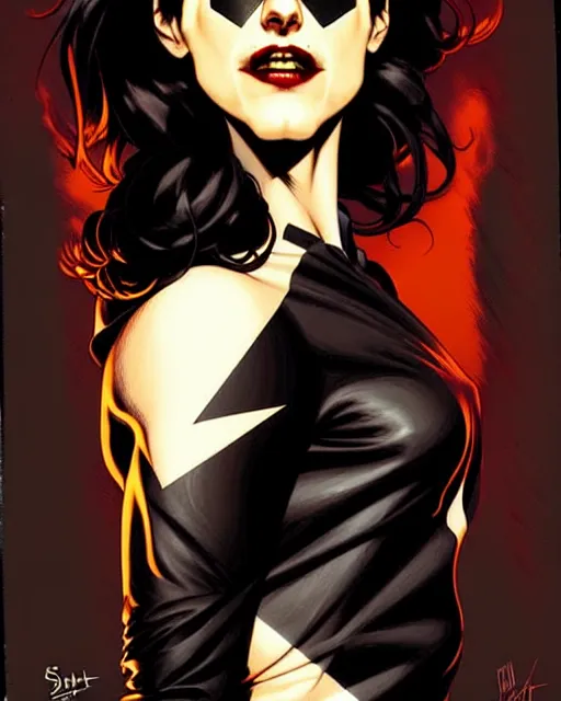 Image similar to Rafael Albuquerque comic cover art, artgerm, Joshua Middleton, pretty Eva Green vampire, sharp vampire teeth, sarcastic smile, symmetrical eyes, symmetrical face, brown leather jacket, jeans, long black hair, full body, building on fire, cool colors