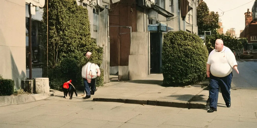 Prompt: obese bald british man with no neck walking his small dog on the sidewalk next to a bush, cinestill 8 0 0 t