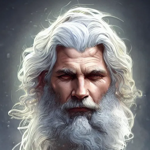 Image similar to portrait of rugged zeus, greek god, white hair, soft hair, d & d, muscular, hairy torso, fantasy, intricate, elegant, highly detailed, digital painting, artstation, concept art, smooth, sharp focus, illustration, art by artgerm and greg rutkowski and alphonse mucha