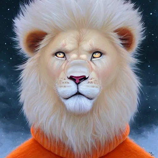 Image similar to aesthetic portrait commission of a albino male furry anthro lion wearing a cute orange colored cozy soft pastel winter outfit, detailed face , hyperdetailed, autumn atmosphere. Character design by charlie bowater, ross tran, artgerm, and makoto shinkai, detailed, inked, western comic book art, 2021 award winning painting