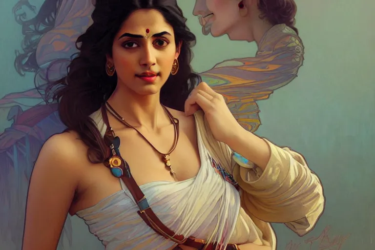 Image similar to sensual pale beautiful indian doctor in jeans, art deco portrait, elegant, intricate, digital painting, artstation, concept art, smooth, sharp focus, illustration, art by artgerm and greg rutkowski and alphonse mucha