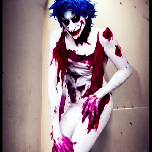 Prompt: joker cosplay, creepy, disturbing, bloody, femenine body, grainy, beautiful - h 7 6 8