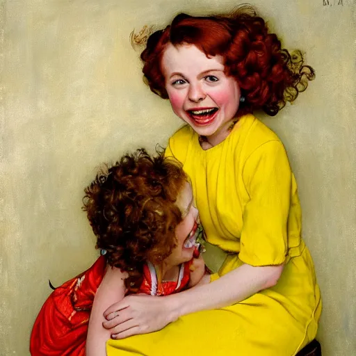 Prompt: Sophia Lillis with long, curly red hair, she is laughing, she is wearing a yellow dress, portrait by Norman Rockwell,