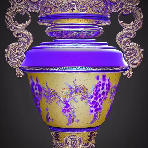 Prompt: An ornate baroque vase, violet, cerulean, sky blue, gold, silver, white black, volumetric dust rays, intricate detail, ultra realistic, cinematic lighting, moody, wet, shiny, octane render, art gallery