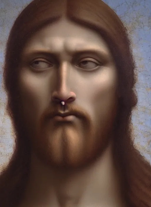 Image similar to jesus christ face, depiction of jesus, holy cross, 8 k, boticelli, an amazing portrait of jesus, leonardo da vinci, mattepainting, cryengine, artstation, heaven color scheme, holy lights