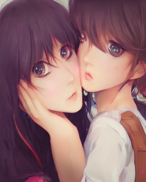 Image similar to portrait of two girls kissing, anime, drawn by WLOP, trending on Artstation