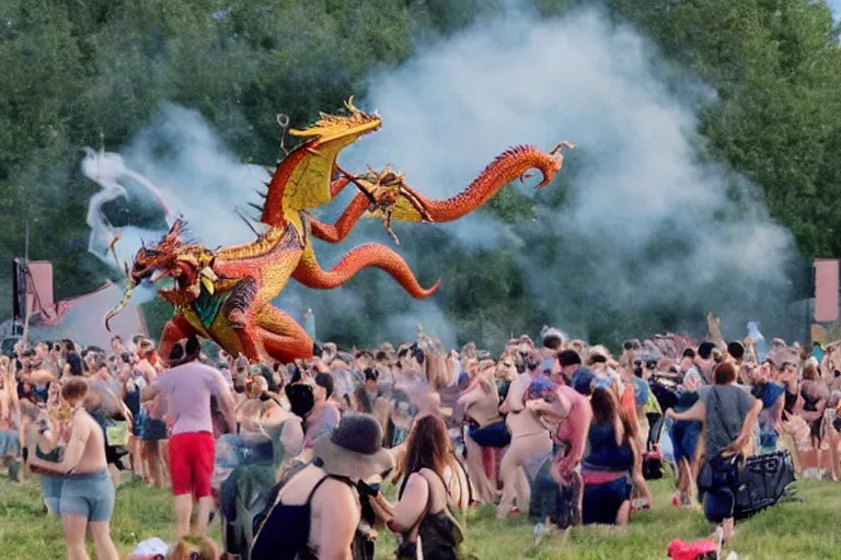 Image similar to A dragon wreaking havoc at a music festival in Saskatchewan