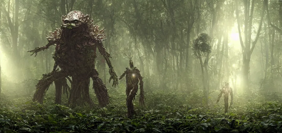 Image similar to a complex organic fractal 3 d metallic symbiotic ceramic humanoid megastructure creature in a swampy lush forest, foggy, sun rays, cinematic shot, photo still from movie by denis villeneuve, wayne barlowe, close - up