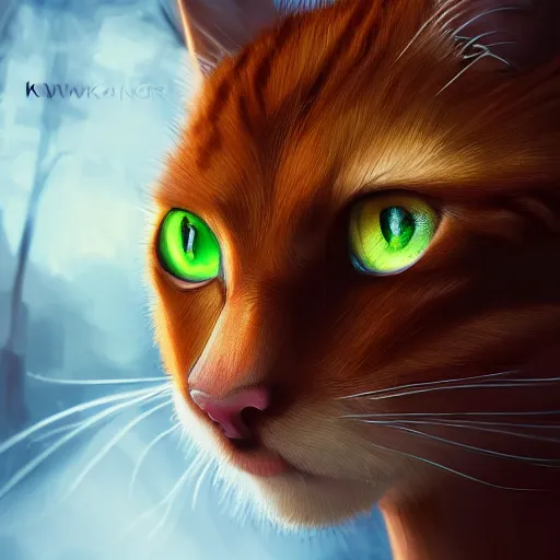 Prompt: a portrait of a ginger cat with green eyes in the forest, trending on artstation, trending on furaffinity, digital art, by kawacy, anime, furry art, warm light, backlighting, cartoon, concept art