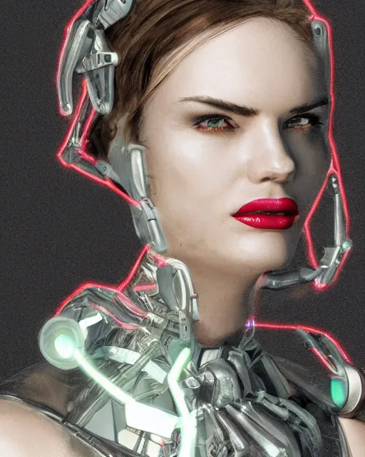 Image similar to fashion portrait, most beautiful girl in the world, glowing cybernetic augments, hyperrealism, year 2447, cdx