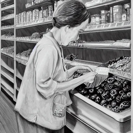 Image similar to hyperrealistic My fourth grade teacher Mrs Collins bagging groceries in the summer, high detail, dreamlike
