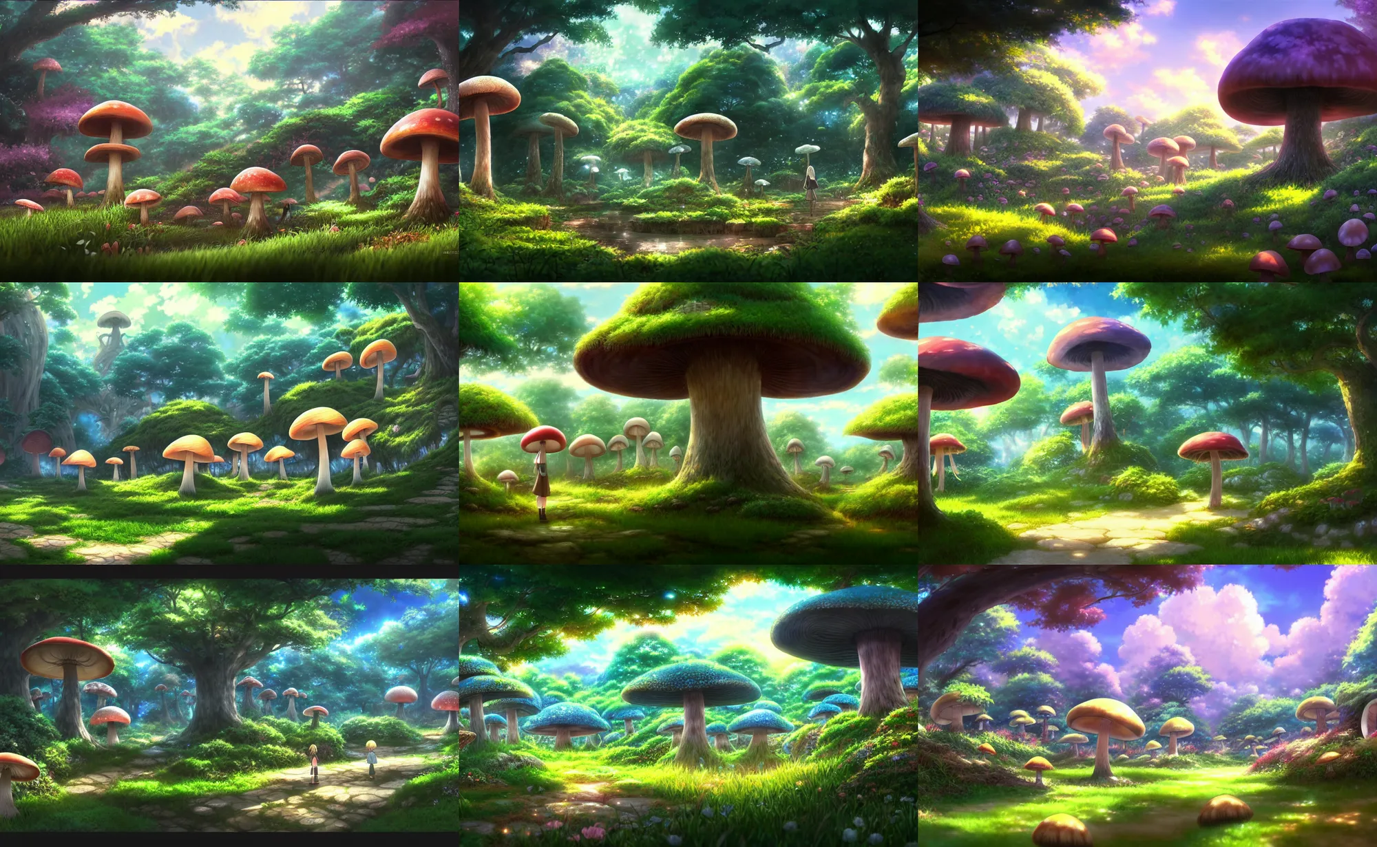 Prompt: an anime movie background matte painting of a secret mushroom garden, fantasy, by makoto shinkai, trending on artstation, highly detailed