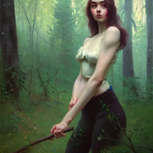 Image similar to young angry woman, beautiful girl, full body, no hair, in a forest, realistic, serov, surikov, vasnetsov, repin, kramskoi, insanely detailed, charlie bowater, tom bagshaw, high resolution, octane rendered, unreal engine, illustration, trending on artstation, masterpiece, 8 k
