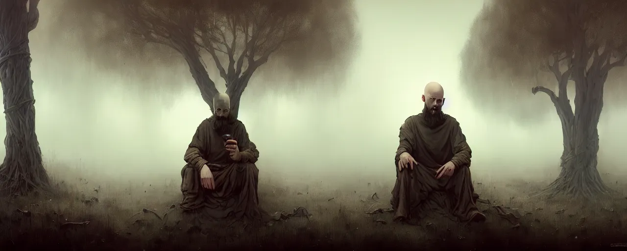 Image similar to duotone telephoto concept illustration 3 / 4 portrait bald demonic merchant sitting below willow tree in a fog rustical style. medieval brown tunic with pouches. cinematic volumentric lighting. accidental renaissance. by sachin teng and sergey kolesov and ruan jia and heng z. graffiti art, scifi, fantasy, hyper detailed. octane render. trending on artstation