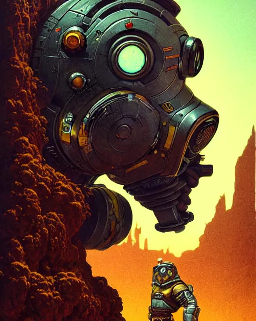 Image similar to torbjorn from overwatch, character portrait, portrait, close up, concept art, intricate details, highly detailed, vintage sci - fi poster, retro future, vintage sci - fi art, in the style of chris foss, rodger dean, moebius, michael whelan, and gustave dore