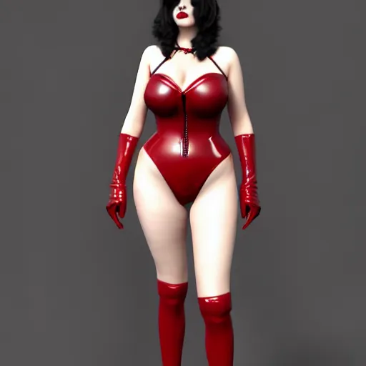 Image similar to a curvy feminine pale goth cutie with a thin waist in an elaborate red latex-leather-rubber tight neck-high outfit, cgsociety, photorealistic, sublime ambience, 16k, smooth, sharp focus, trending on ArtStation, volumetric lighting, fully clothed, worksafe