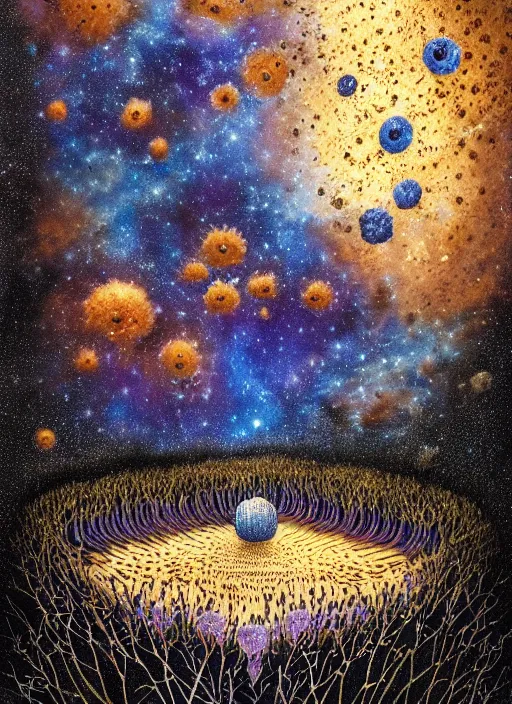 Image similar to detailed, intricate blue black and purple papaverum flower on the field, nebula, galaxy in the sky, winning award masterpiece, fantastically beautiful, illustration, aestheticly inspired, jacek yerka, upscale with anguissola sofonisba work, artstation, 8 k