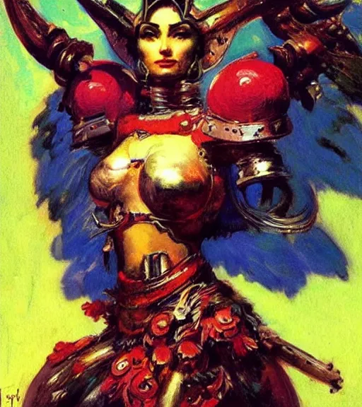 Image similar to portrait of strong iranian female chaos angel, beautiful! coherent! by frank frazetta, by brom, strong line, vivid neon color, shining metal power armor, iron helm, high contrast, maximalist