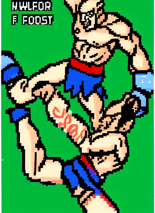Prompt: extreme long shot. antropomorphic muscular masculine furr wolf. kickboxer, in shorts. wolf head. furr on body. 8 bit nes graphics. 8 0's