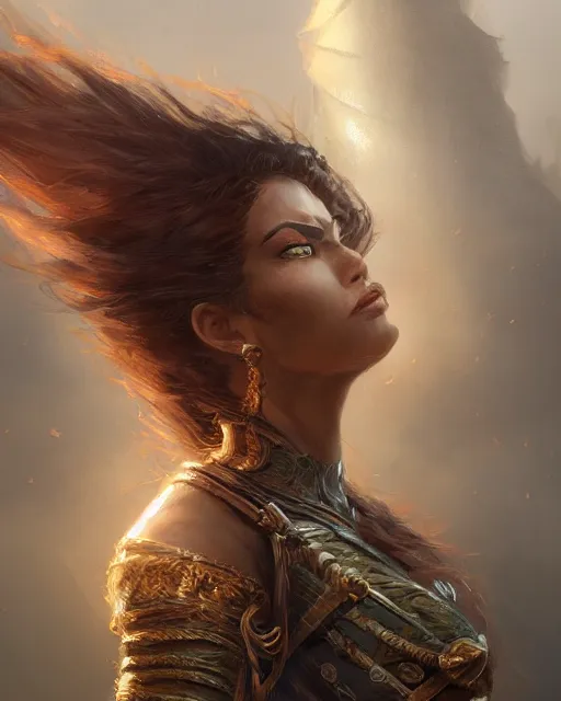 Image similar to A beautiful female warrior posing on a boat, perfect face, highly detailed face, close-up, fantasy woman, fantasy art, in the style of greg rutkowski, illustration, epic, fantasy, intricate, hyper detailed, artstation, concept art, smooth, sharp focus, ray tracing, profile shot