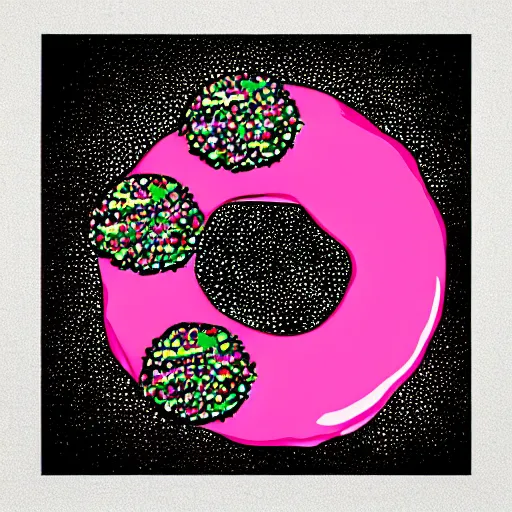 Image similar to strawberry frosted donut with sprinkles, pop art, album cover, shadow,