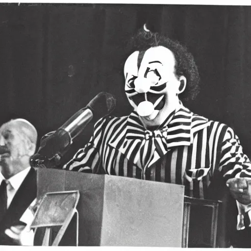 Image similar to an old black and white photo of a clown giving a rousing political speech to a huge crowd,