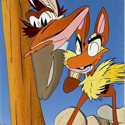 Image similar to road runner and wile e. coyote, studio ghibli