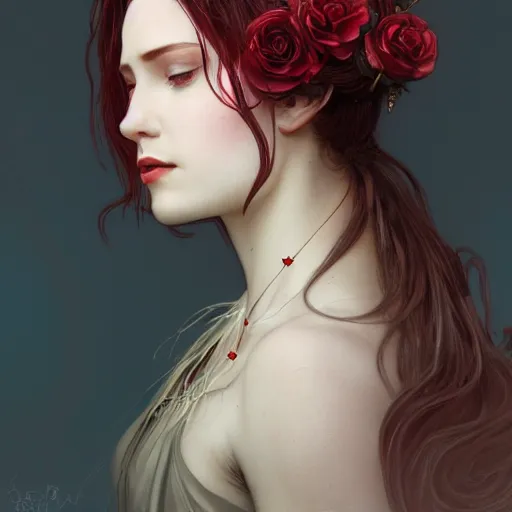 Image similar to portrait of beautiful vampire, rose thorn crown, thorns everywhere, headshot, pale skin, 4k, rule of thirds, extreme detail, detailed drawing, trending artstation, hd, fantasy, D&D, realistic lighting, by Alphonse Mucha, Greg Rutkowski, sharp focus, backlit, bright red hair, closed eyes, realistic, head looking up