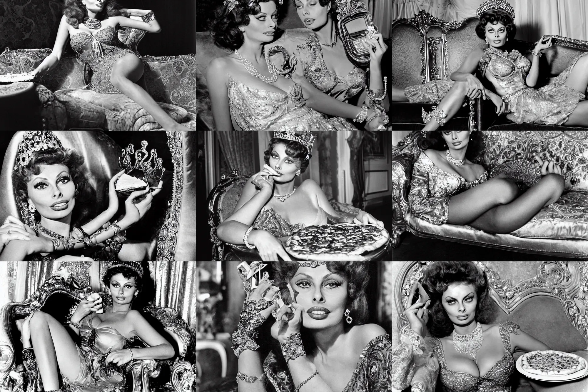 Prompt: a photo of young sophia loren, relaxing with a pizza on antique luxury sofa, intricate ornamented tiara, opulent pearl necklace, laced dress, beautiful, stunning, golden lighting, exquisit details, masterpiece, burlesque photo by letizia battaglia