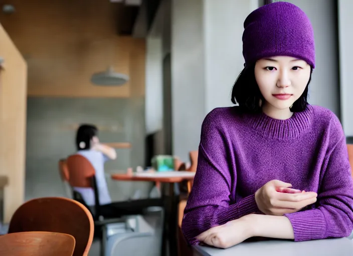 Prompt: young adult korean woman in a coffee shop wearing a beanie and a purple sweater designed by zaha hadid, natural light, magazine photo, 5 0 mm