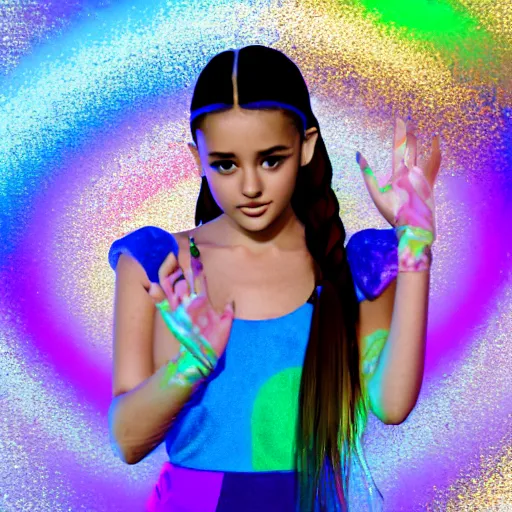 Prompt: 35mm macro shot portrait of an extremely cute and adorable Prismatic Spectrum Cosmic Magical Girl Ariana Grande Selena Gomez Miley Cyrus Miranda Cogrove Taylor Swift Jennette McCurdy Jennifer Lawrence from the Rainbow Sky Paradise playing Dance Dance Revolution at Eurovision and Tomorrowland, large piercing eyes, smirk, ambient occlusion, DAZ, cinematic lighting, 3D render, unreal engine 5, professional graflex photograph by artgerm, flat vector art background