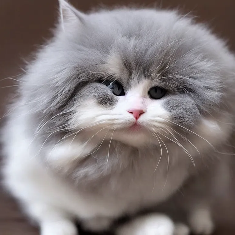 Prompt: perfectly spherical gray and white cat, cute, fluffy, chubby, ball of fur