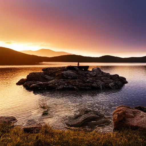 Prompt: cinematic wide shot of a lake with a rocky foreground, sunset, a bundle of rope is in the center of the lake, leica, 2 4 mm lens, 3 5 mm kodak film, f / 2 2, anamorphic