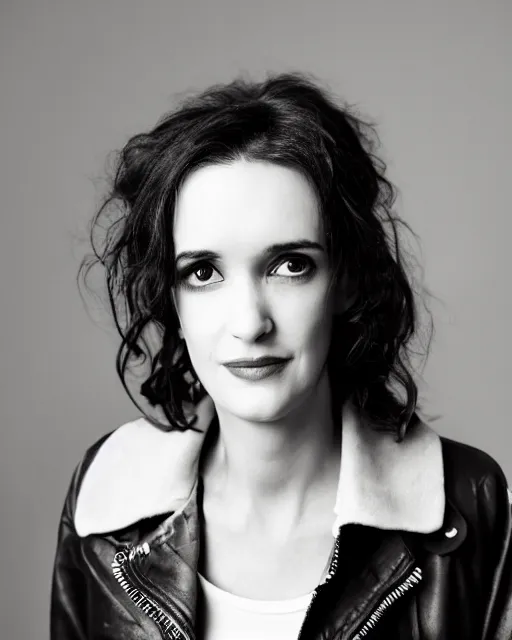 Image similar to headshot of young winona ryder, wearing a black leather jacket, tom waits t - shirt and blue jeans with a belt, photoshoot in the style of annie leibovitz, studio lighting, soft focus, bokeh