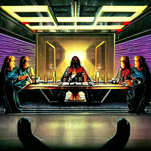 Image similar to cyberpunk last supper