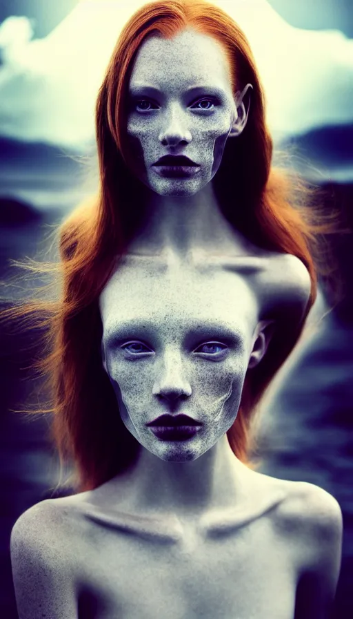 Image similar to photo of a gorgeous young caucasian redhead girl , full body, high fashion model, searching for eternity, skulls around, cloud goddess, duality, far away dreamy atmosphere, rays of light, deep shadows, demons in the style of stefan kostic, hyper realistic, sharp focus, 8k high definition, high fashion, vogue, insanely detailed, intricate, elegant, art by stanley lau and artgerm, brom