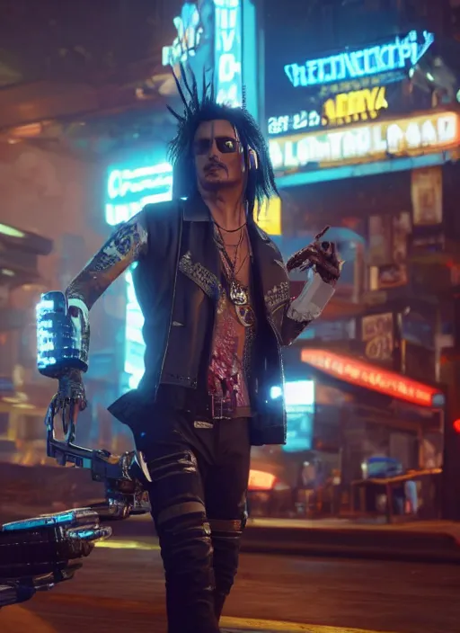 Image similar to film still of Johnny Depp as Johnny Silverhand in Cyberpunk 2077, gameplay, 8k, HD