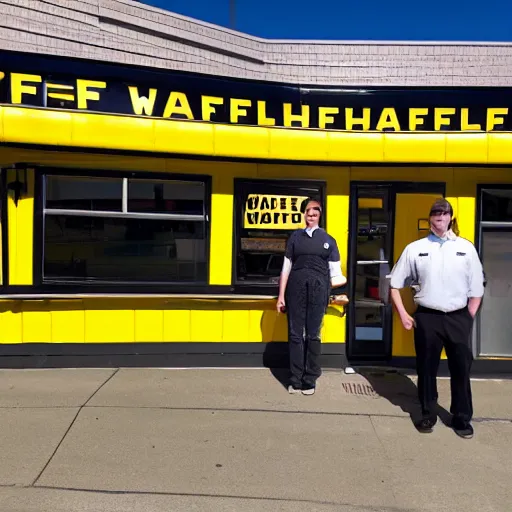 Image similar to wafflehouse employee's standing below wafflehouse sign, employees uniform is black and blue with yellow name tags