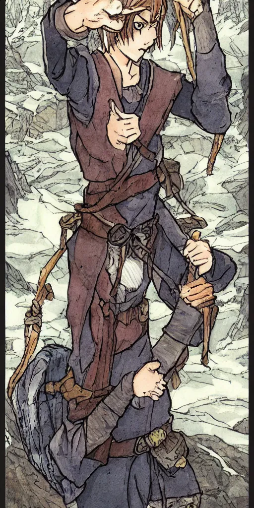 Prompt: an wood elf boy getting ready for an high fantasy adventure on the mountain side, anime style, tarot card, Tarot card the fool