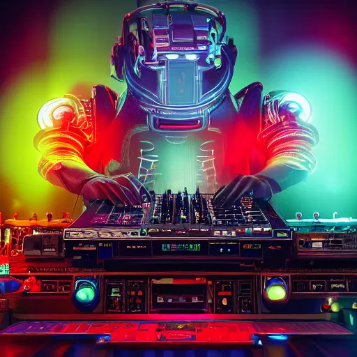 Image similar to album art, the band name is roborock, techno music, band with 3 steampunk futuristic robots on a dj desk with a cd mixer, 8 k, flourescent colors, halluzinogenic, multicolored, exaggerated detailed, front shot, 3 d render, octane